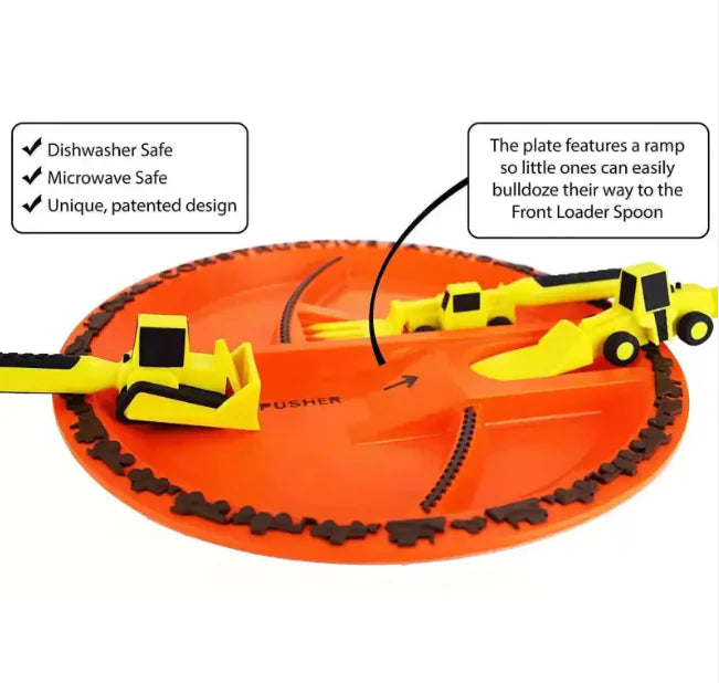 Dinneractive Car-Themed Kids Tableware Set – Bulldozer Excavator Plate, Shovel & Fork (3 Piece Set)