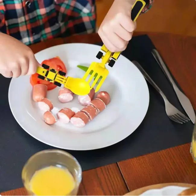 Dinneractive Car-Themed Kids Tableware Set – Bulldozer Excavator Plate, Shovel & Fork (3 Piece Set)