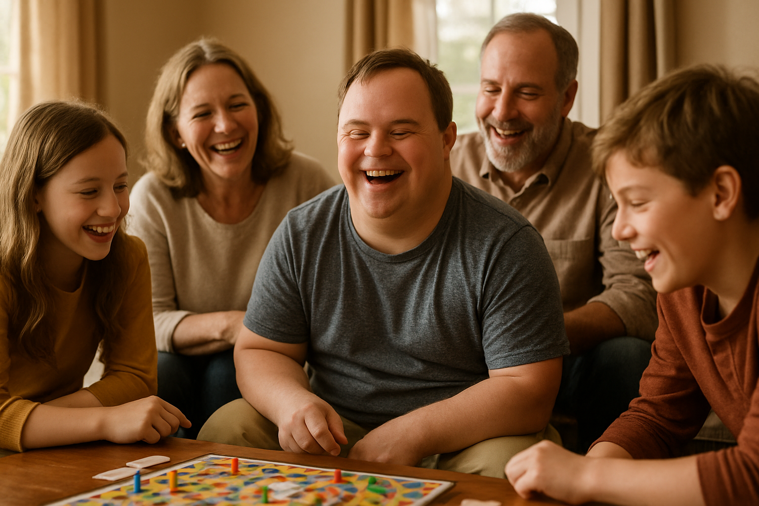 generate a realistic picture of a neurodivergent adult having fun with family