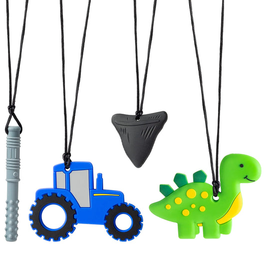 4Pcs Sensory Chew Necklaces Car Teether Shark Tooth Food Grade Silicone Teething Chewing Toy Dinosaur Chewable Pendant for Infant Nibble Oral Motor Autism ADHD Boy Girl Kids