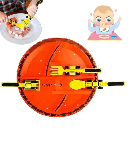 Dinneractive Car-Themed Kids Tableware Set – Bulldozer Excavator Plate, Shovel & Fork (3 Piece Set)